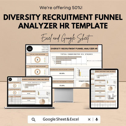 Diversity Recruitment Funnel Analyzer HR Template | DEI Hiring Analytics | Recruitment Diversity Dashboard | Excel & Google Sheets HR Tool