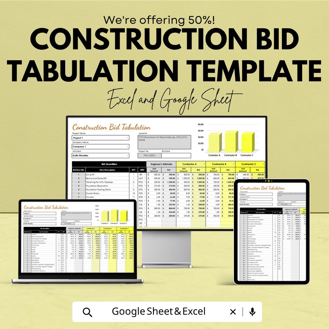 Construction Bid Tabulation Template Excel Google Sheets | Contractor Bid Comparison Spreadsheet | Project Cost Estimator |