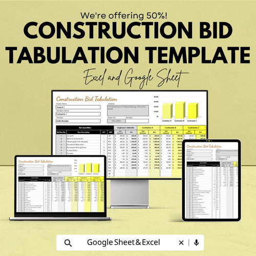 Construction Bid Tabulation Template Excel Google Sheets | Contractor Bid Comparison Spreadsheet | Project Cost Estimator |