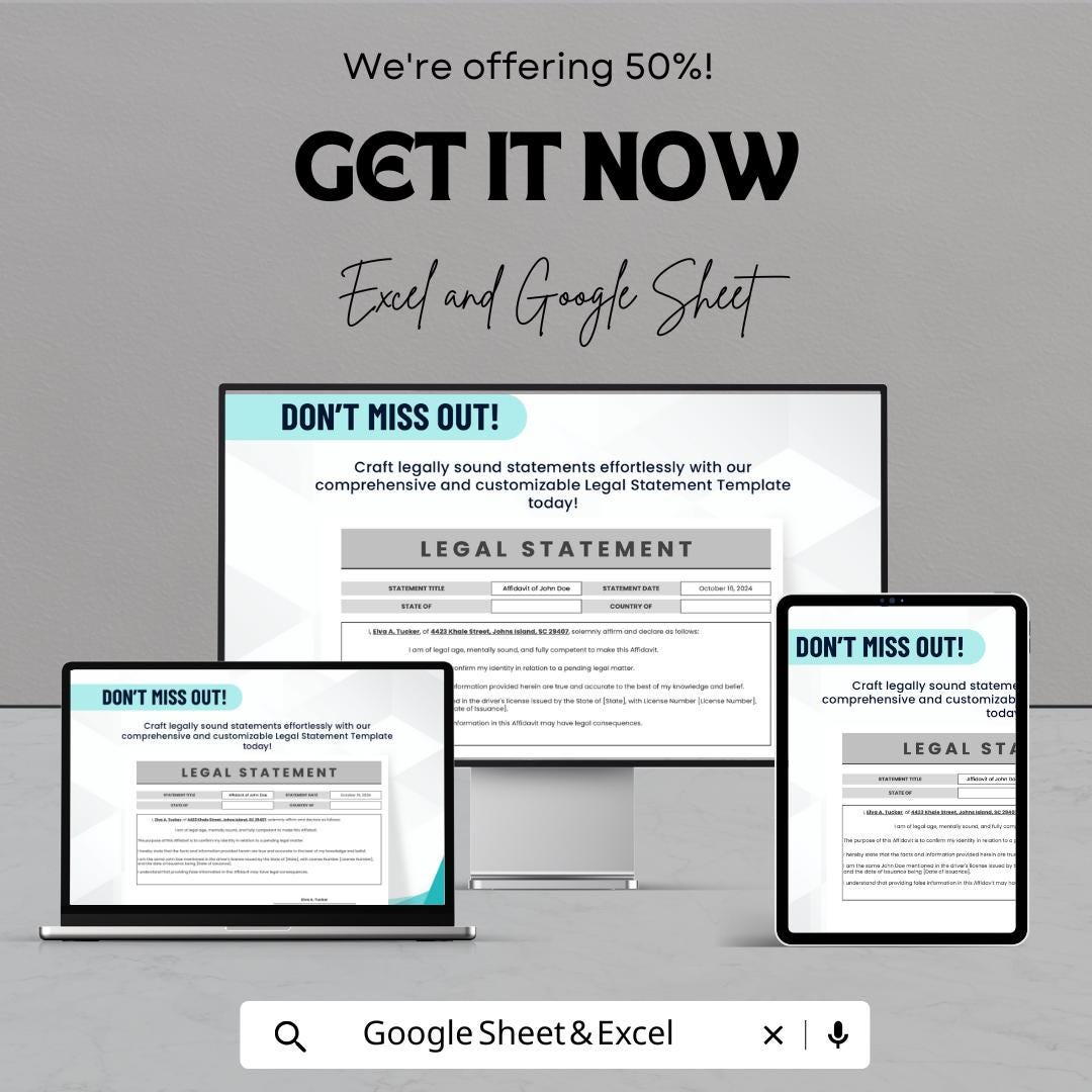 Legal Statement Template | Editable Legal Affidavit Form | Printable Legal Document | Excel & Google Sheet