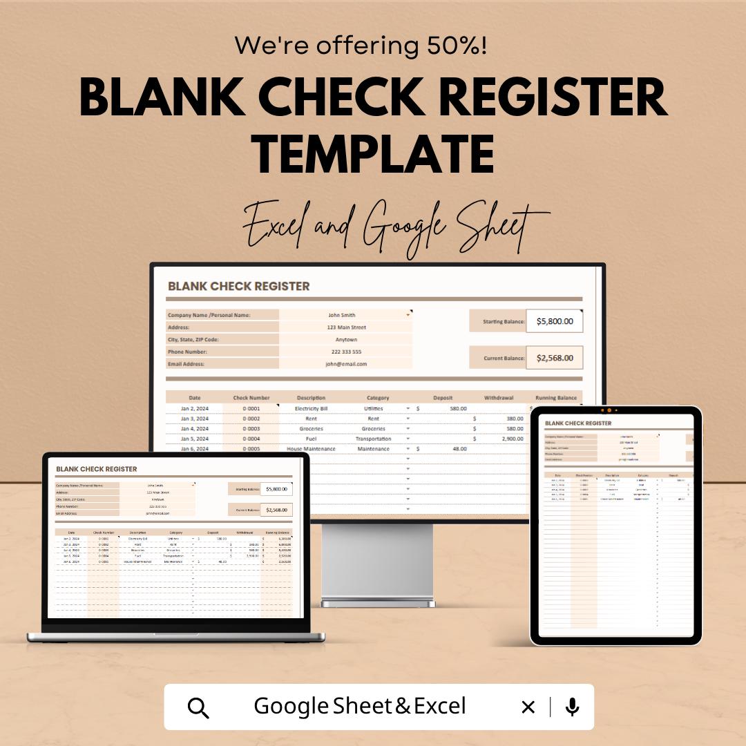 Blank Check Register Template | Checkbook Register Spreadsheet | Personal Finance Tracker Template | Excel & Google Sheets |