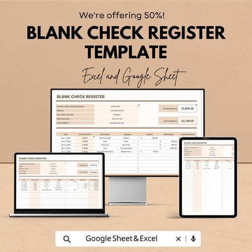 Blank Check Register Template | Checkbook Register Spreadsheet | Personal Finance Tracker Template | Excel & Google Sheets |