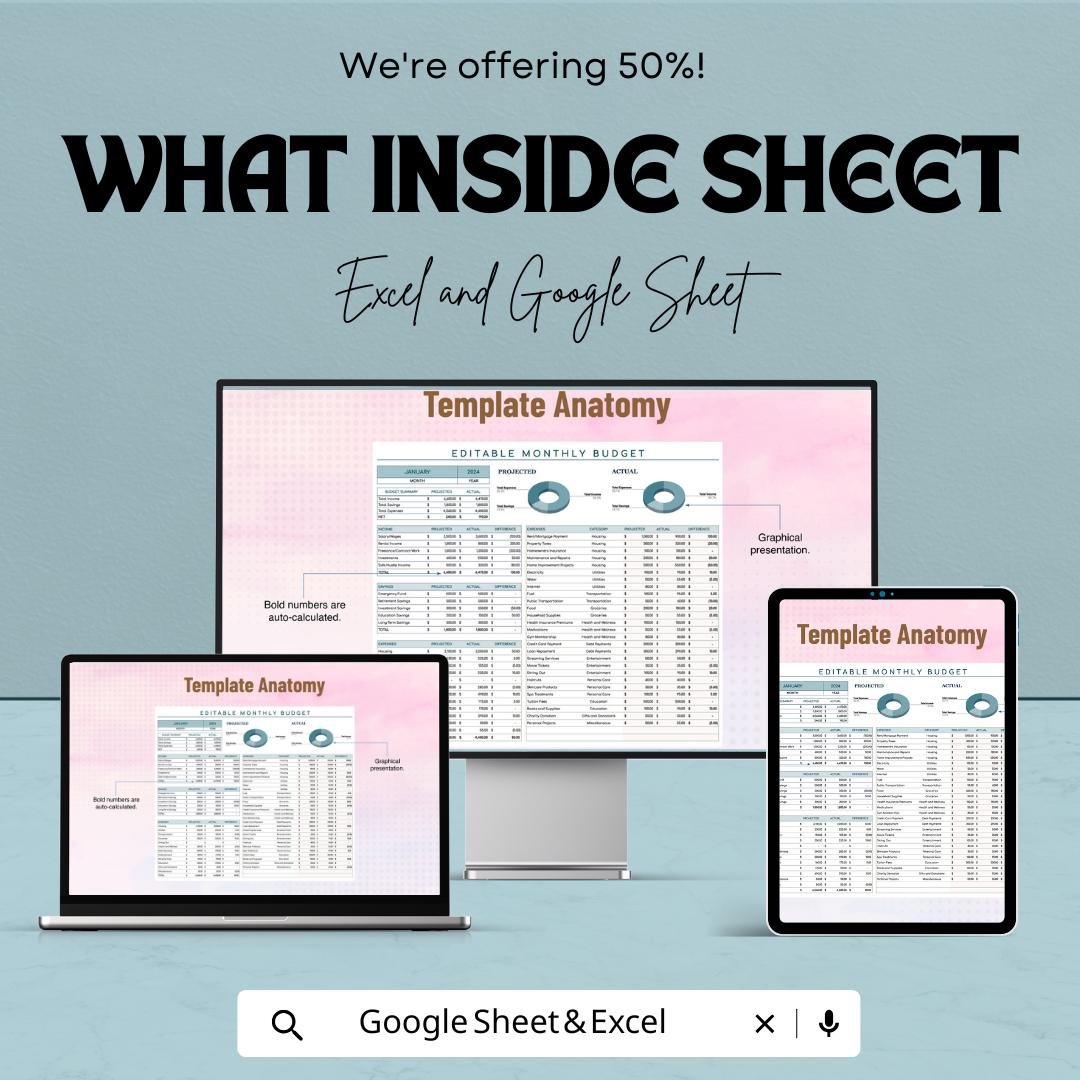 Editable Monthly Budget Template | Excel & Google Sheets Budget Planner | Income Expense Tracker | Personal Finance Spreadsheet