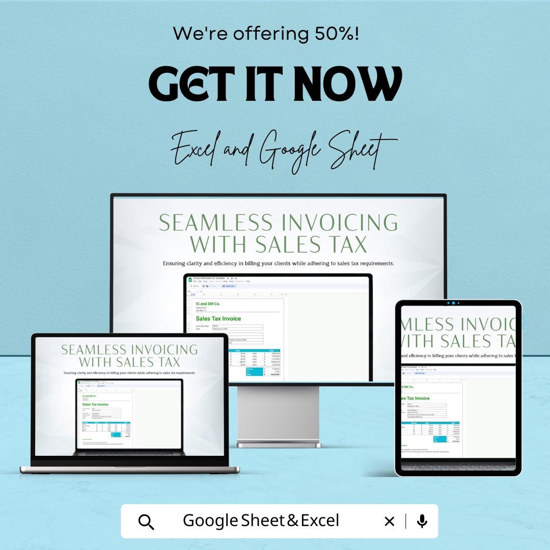 Invoice with Sales Tax Template Sheet - Editable Excel and Google Sheet | Simple & Professional Sales Invoice for Small Businesses