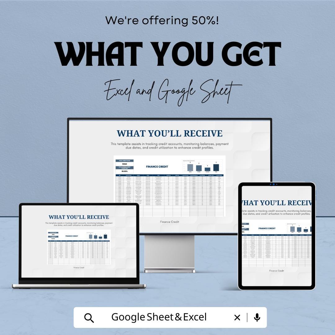 Finance Credit Template | Credit Account Tracker | Credit Monitoring Spreadsheet | Loan & Balance Management Tool