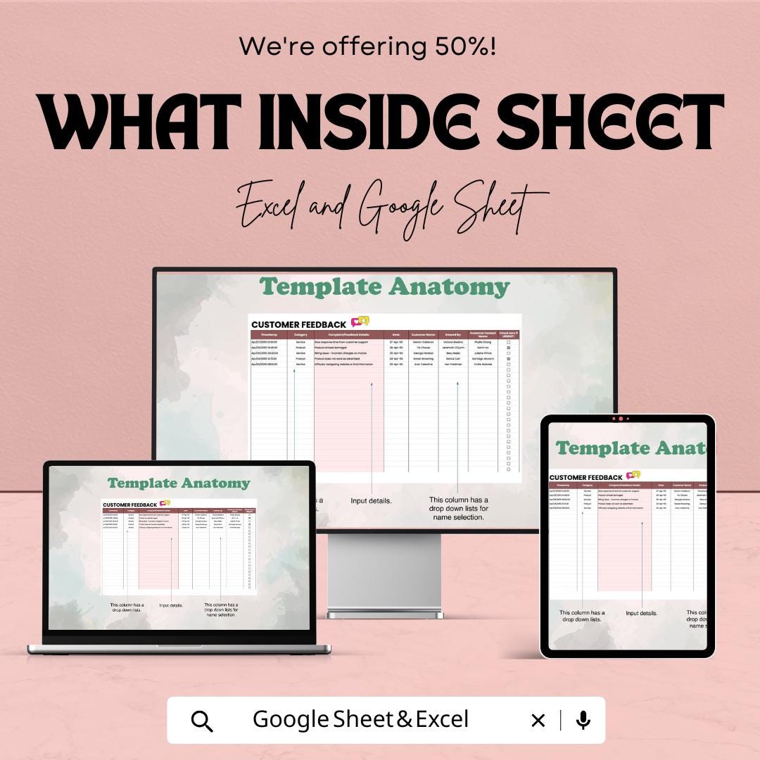 Customer Feedback Form Sheet | Excel & Google Sheet | Collect and.;lm  Analyze Feedback | 50% Off | Instant Download