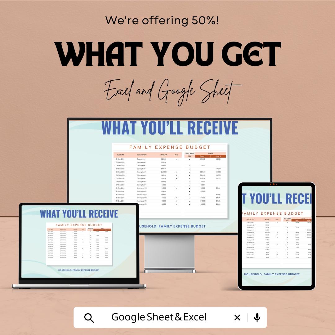 Household Family Expense Budget Template | Monthly Budget Planner | Family Finance Tracker | Expense Spreadsheet