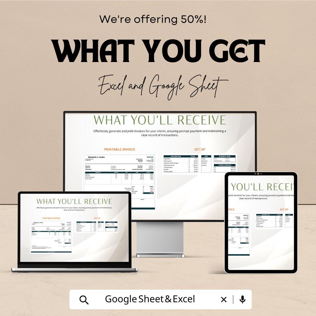 Printable Invoice Sheet - Excel & Google Sheets Template | Easy-to-Use Invoice Tracker | 50% Off