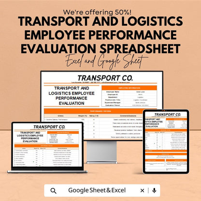 Transport and Logistics Employee Performance Evaluation Spreadsheet | HR KPI Tracker | Excel & Google Sheets