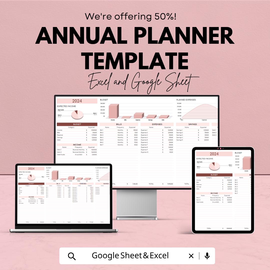 Annual Planner Template | Yearly Budget Planner | Goal Tracker Spreadsheet | Financial Planner | Digital Planner