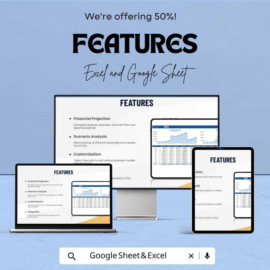 Business Plan Forecast Template | Financial Projection sheet | Revenue and Expense Forecast | Excel & Google Sheets | Business Planner