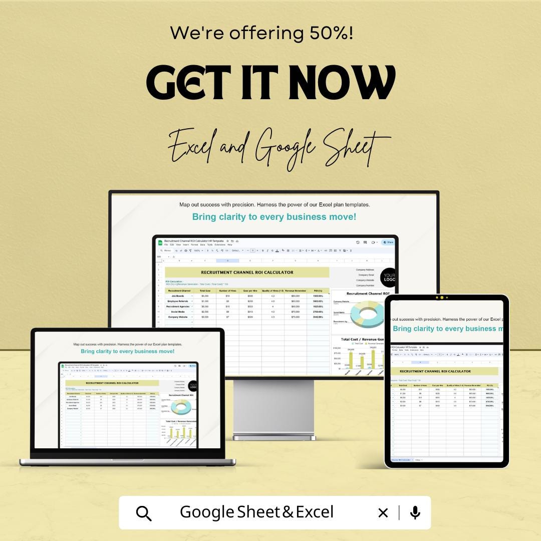 Recruitment Channel ROI Calculator | Hiring Source Performance Tracker | HR Recruitment Analytics Template | Excel & Google Sheets
