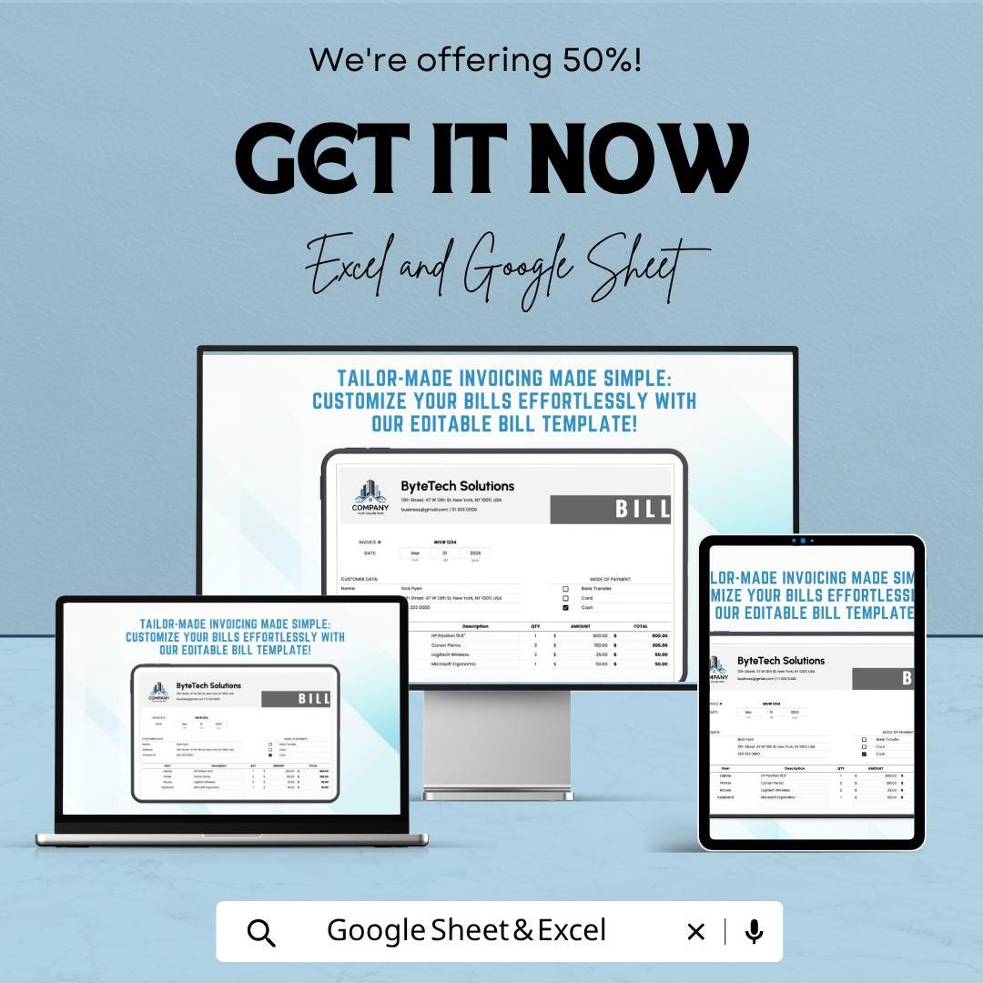 Editable Bill Template | Professional Invoice Spreadsheet | Custom Billing Template | Excel & Google Sheets | Business Invoice Generator |