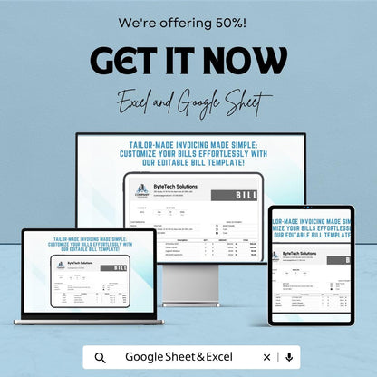 Editable Bill Template | Professional Invoice Spreadsheet | Custom Billing Template | Excel & Google Sheets | Business Invoice Generator |