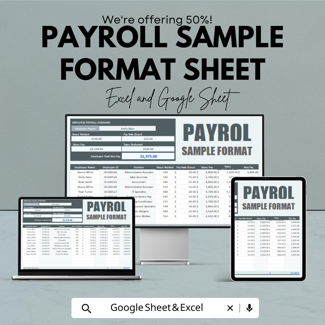 Payroll Sample Format Sheet – Excel & Google Sheet Template | Employee Payroll Management | 50% Off