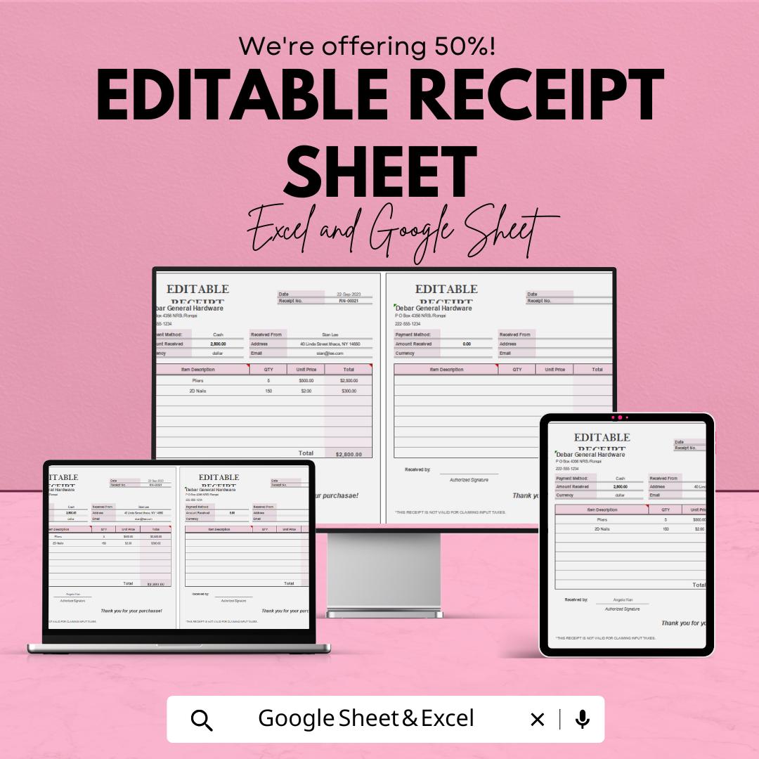 Editable Receipt Sheet - Customizable Excel & Google Sheets Template for Professional Receipts