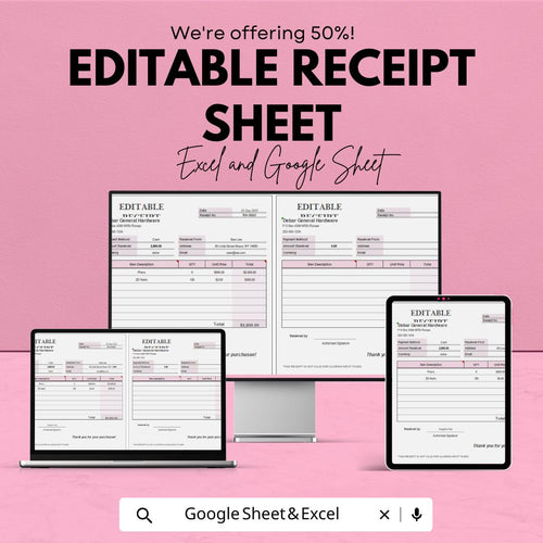 Editable Receipt Sheet - Customizable Excel & Google Sheets Template for Professional Receipts