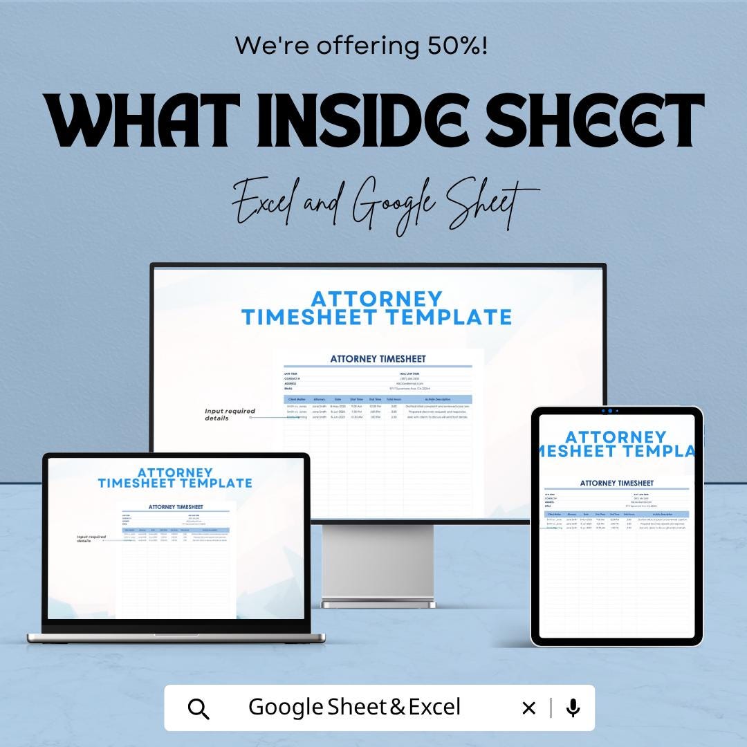 Attorney Timesheet Template | Legal Timesheet Spreadsheet | Lawyer Billing Tracker | Billable Hours Tracking Sheet