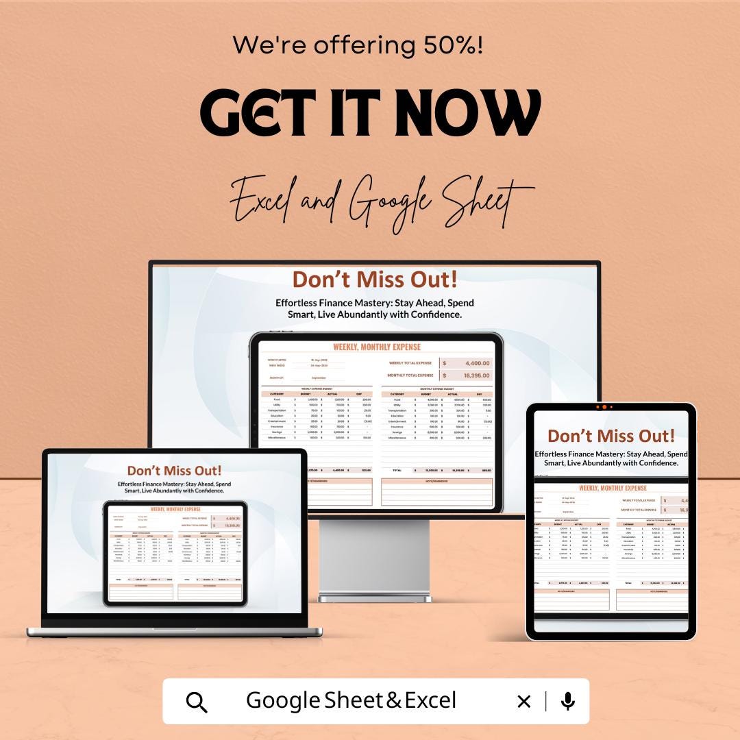 Weekly Monthly Expense Sheet | Budget Tracker for Excel & Google Sheets | Editable Digital Finance Planner | Instant Download