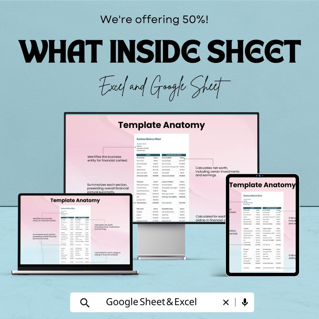 Small Business Balance Sheet - Excel & Google Sheet Template | Financial Tracking for Small Businesses | Easy-to-Use | 50% Off