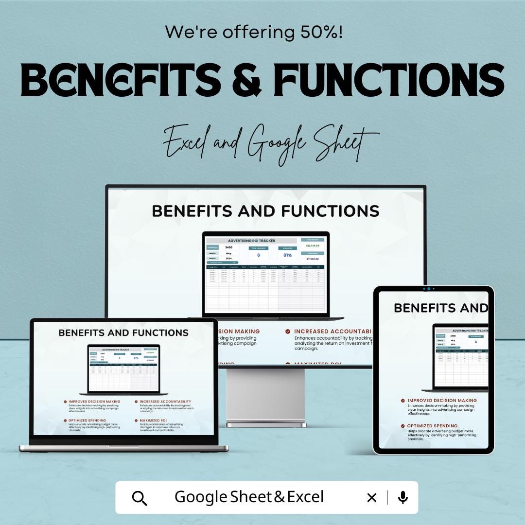 Advertising ROI Tracker Template | Ad Performance Tracker | Marketing ROI Spreadsheet | Excel & Google Sheets ROI Calculator |