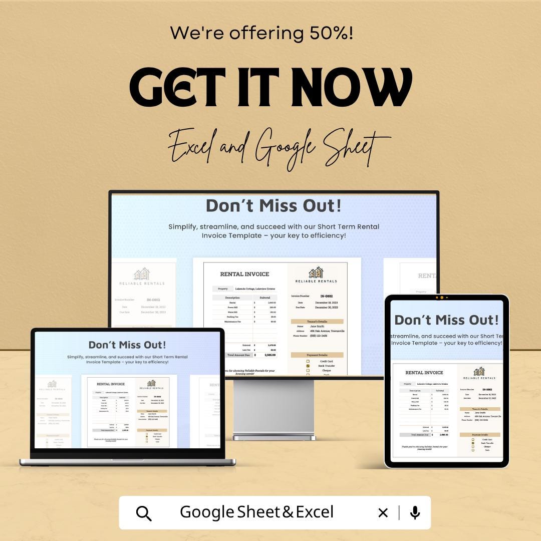 Short Term Rental Invoice Template | Vacation Rental Invoice Spreadsheet | Airbnb Invoice Tracker | Excel & Google Sheets
