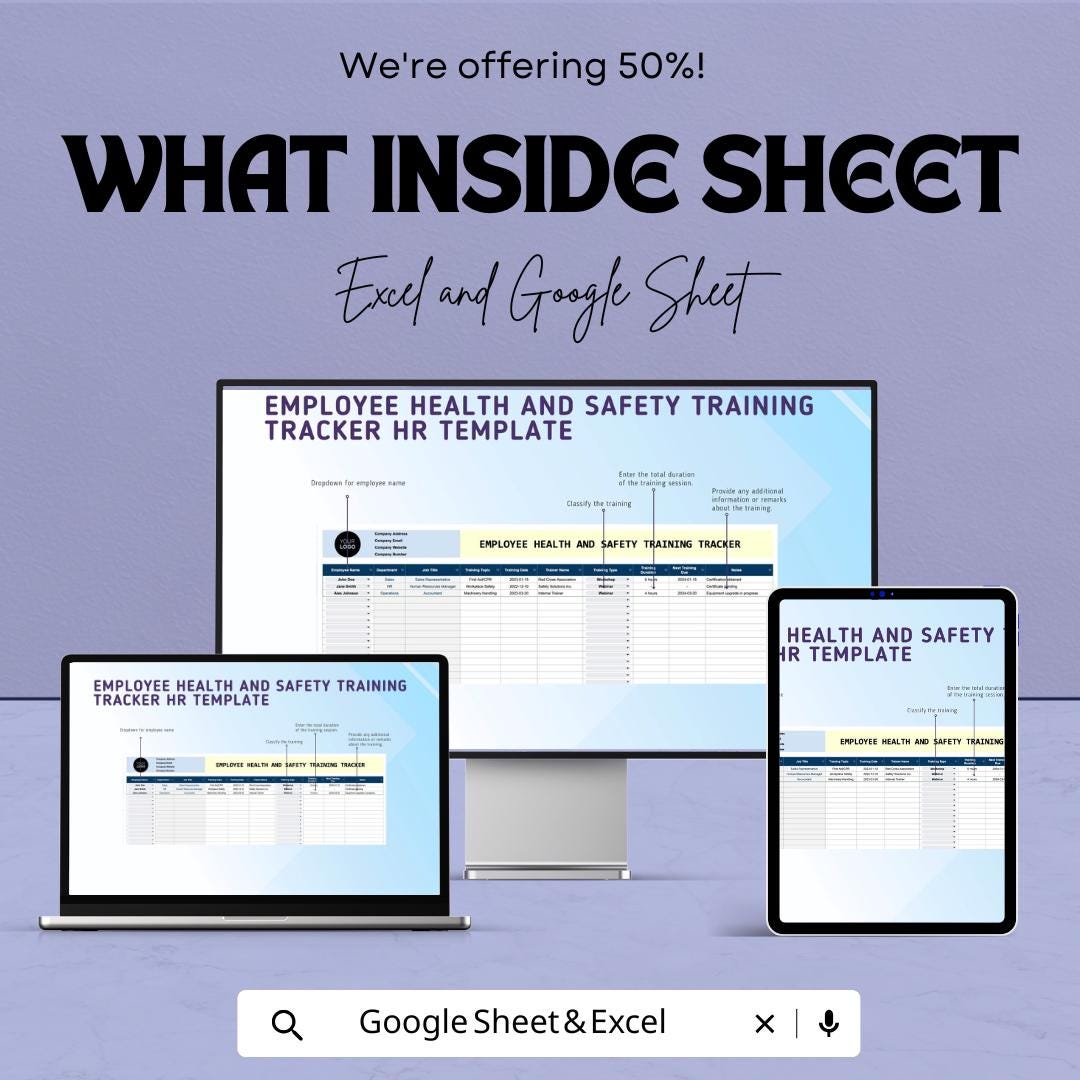 Employee Health and Safety Training Tracker | HR Safety Training Template | Excel & Google Sheets | Employee Compliance Record