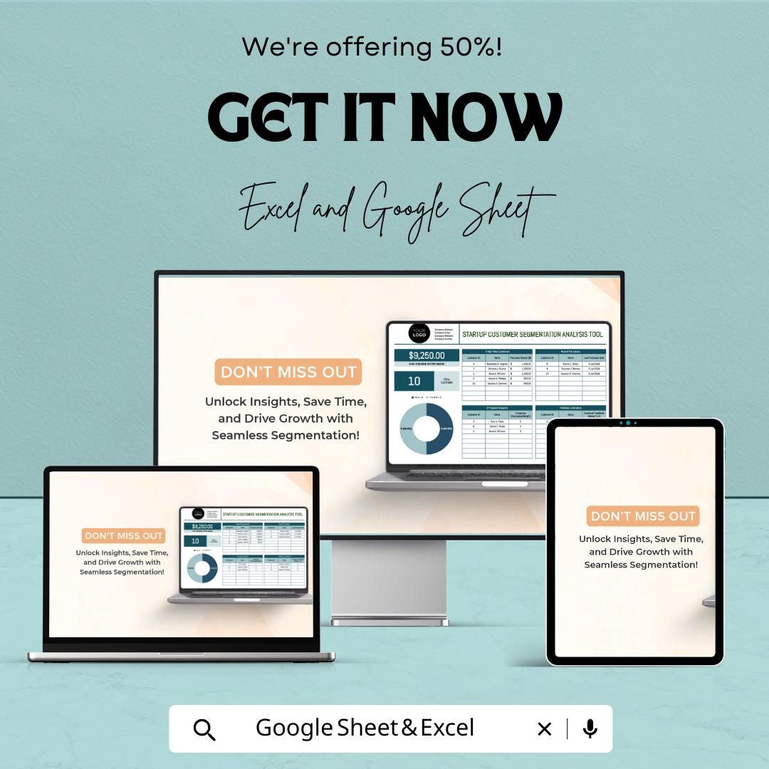 Startup Customer Segmentation Analysis Tool Template | Excel and Google Sheets Dashboard | Automated Charts Pivot Tables Customer