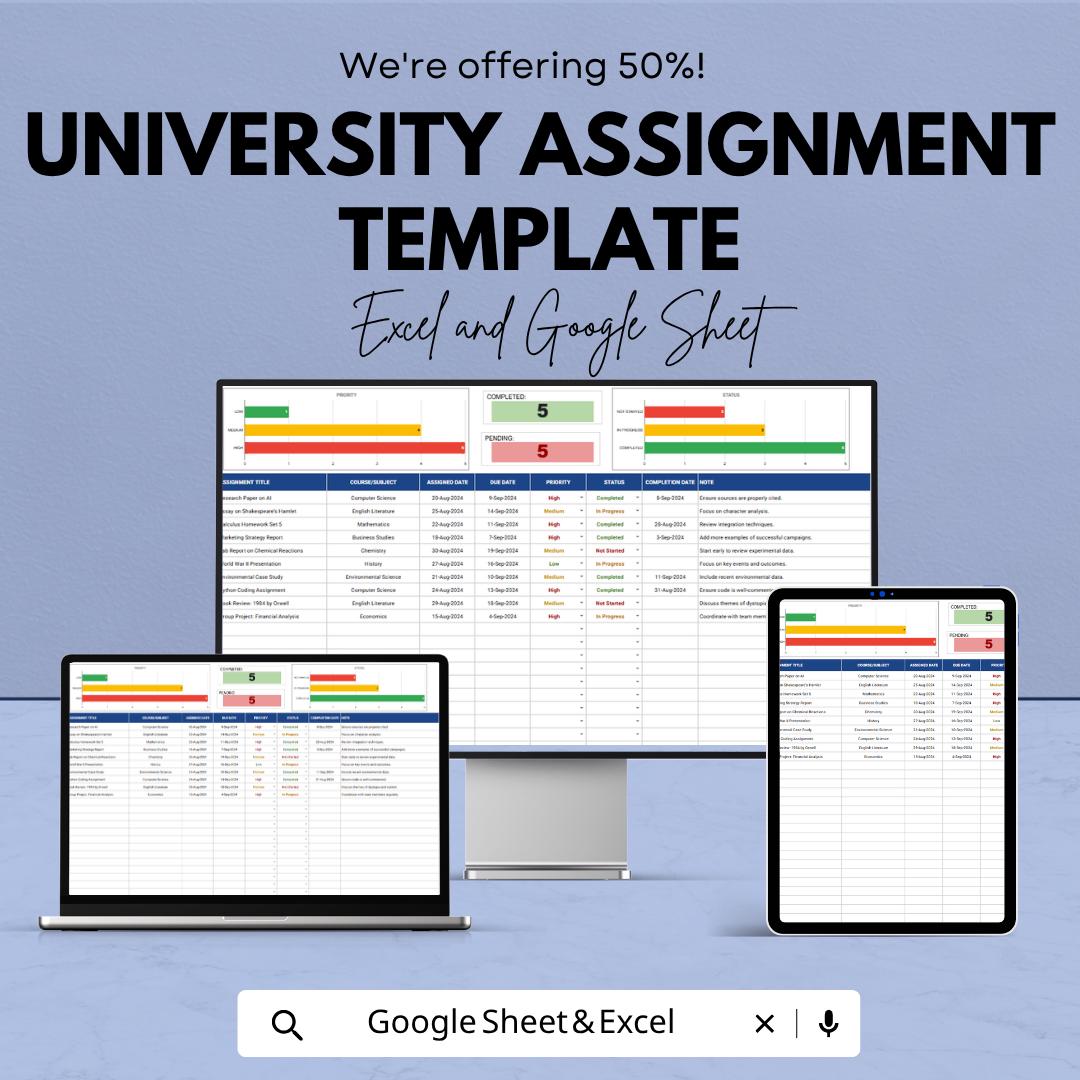 University Assignment Template | Student Planner Spreadsheet | Assignment Tracker | Study Planner | Coursework Organizer