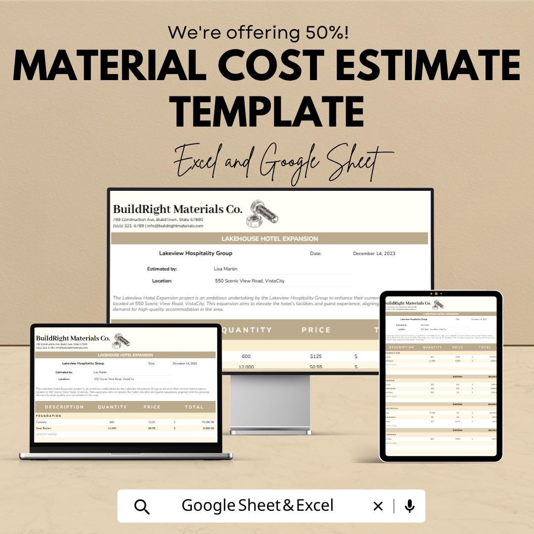 Material Cost Estimate Template | Construction Cost Spreadsheet | Contractor Estimate Template | Project Cost Calculator |