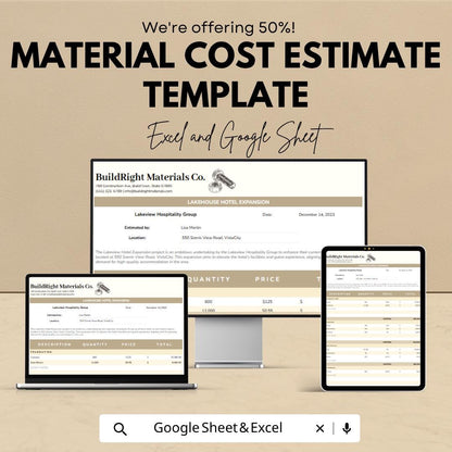 Material Cost Estimate Template | Construction Cost Spreadsheet | Contractor Estimate Template | Project Cost Calculator |