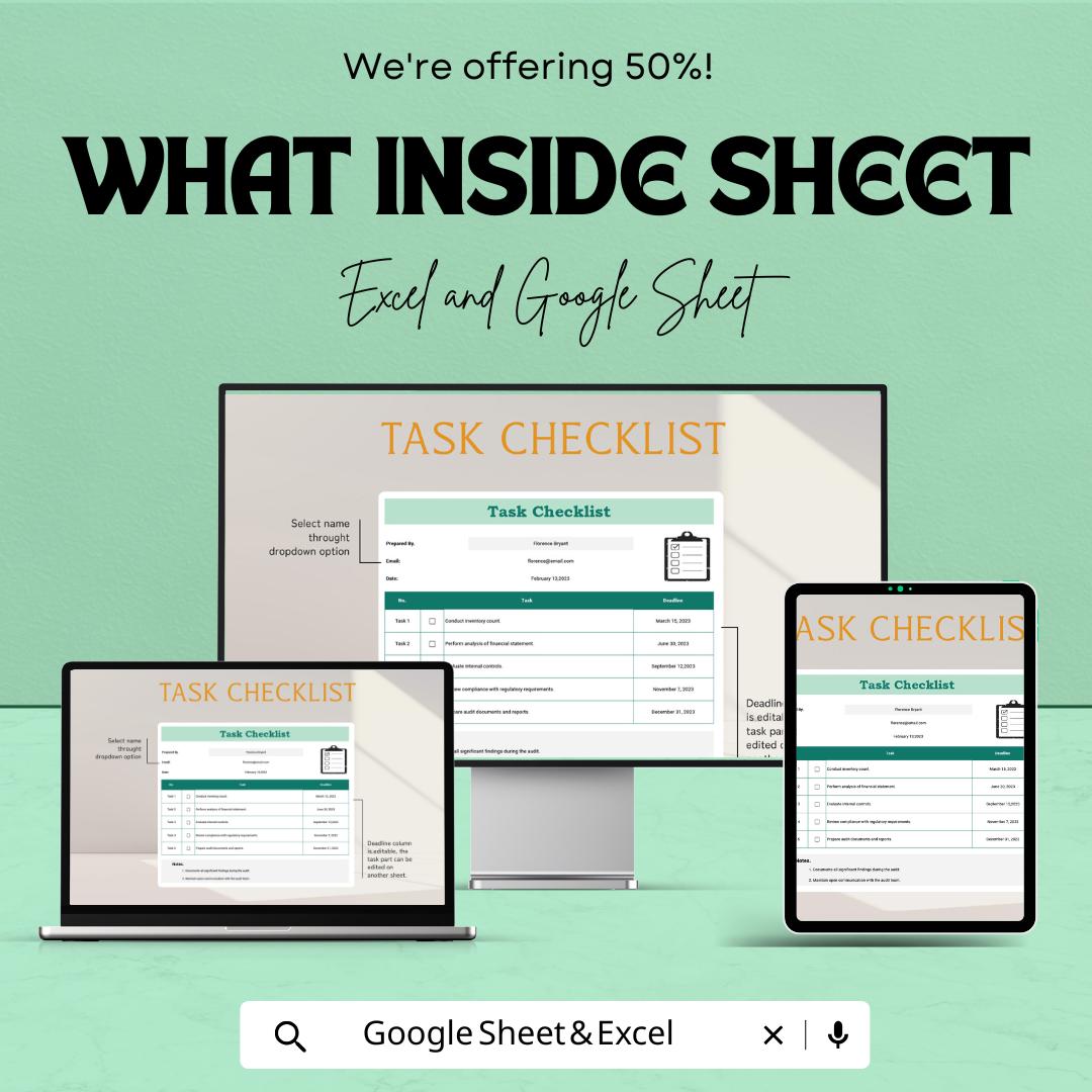 Task Checklist Sheet | Google Sheets & Excel Template | To-Do List | Task Tracker | Project Organizer | Editable Checklist Form
