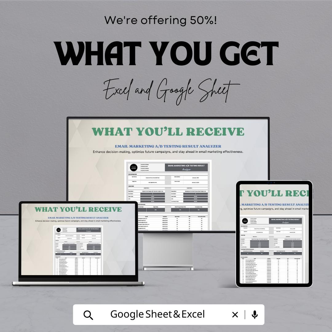 Email Marketing A/B Testing Result Analyzer Template,  Campaign Comparison, Email Performance Tracker, Split Test Spreadsheet