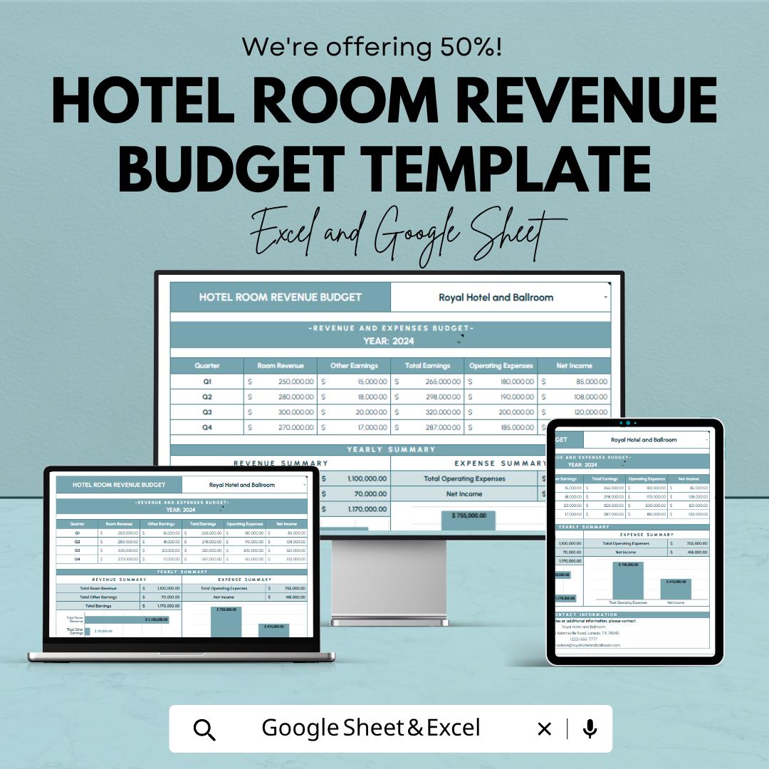 Hotel Room Revenue Budget Template | Hotel Revenue Spreadsheet | Occupancy Forecast Planner | Hospitality Income Tracker