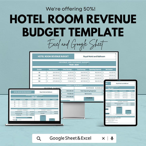 Hotel Room Revenue Budget Template | Hotel Revenue Spreadsheet | Occupancy Forecast Planner | Hospitality Income Tracker