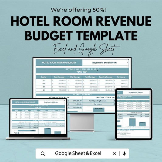 Hotel Room Revenue Budget Template | Hotel Revenue Spreadsheet | Occupancy Forecast Planner | Hospitality Income Tracker