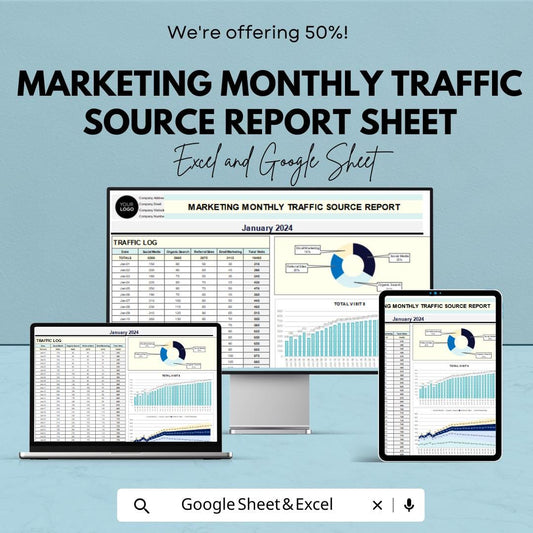 Marketing Monthly Traffic Source Report Sheet | Website Traffic Analysis & Source Tracking | Traffic Data Template | Marketing Metrics