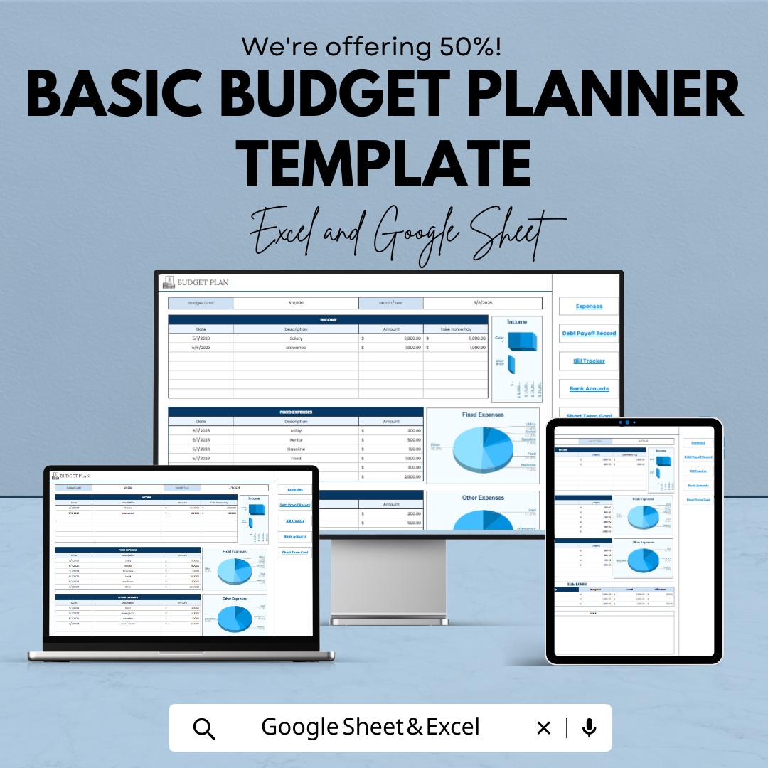 Basic Budget Planner Template  | Personal Finance Tracker | Monthly Budget Spreadsheet | Expense & Income Tracker