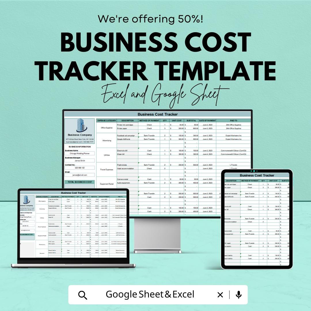 Business Cost Tracker Template | Expense Tracker Excel | Budget & Cost Management Sheet | Small Business Expenses Log