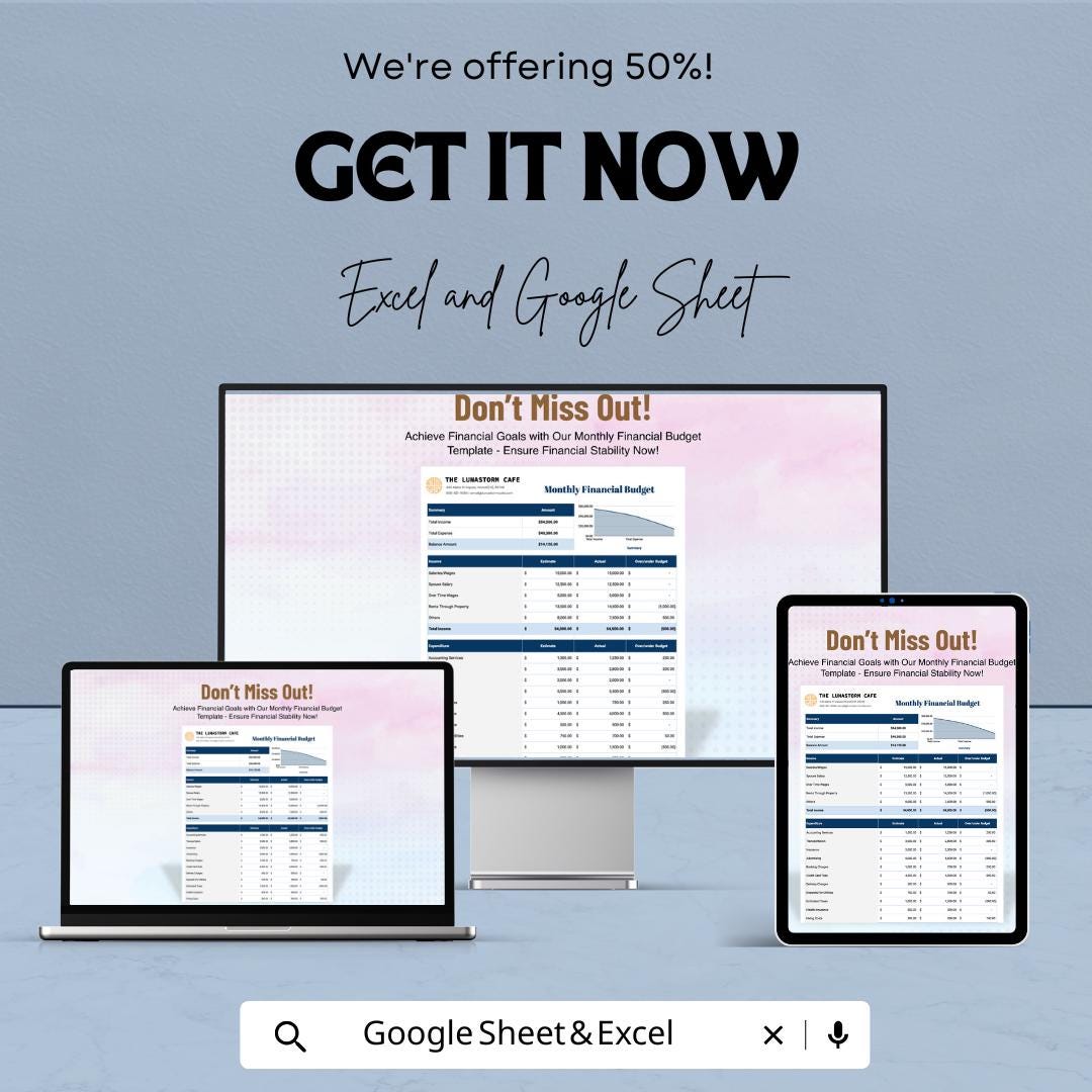 Monthly Financial Budget Template | Income & Expense Tracker | Monthly Money Planner | Budget Spreadsheet | Personal Finance Template