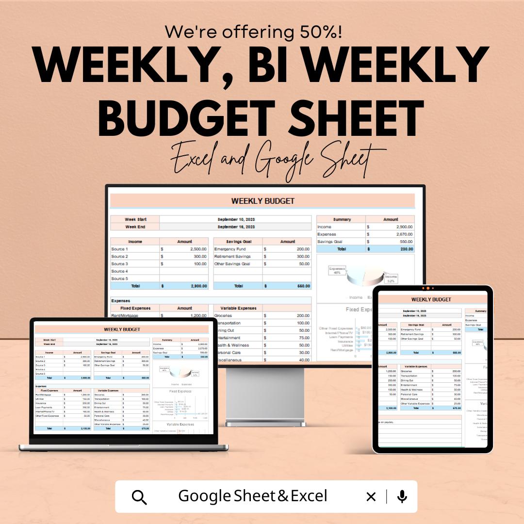 Weekly, Bi-Weekly Budget Sheet | Excel and Google Sheets | Budget Planner Template | Income and Expense Tracker | Digital Finance Tool