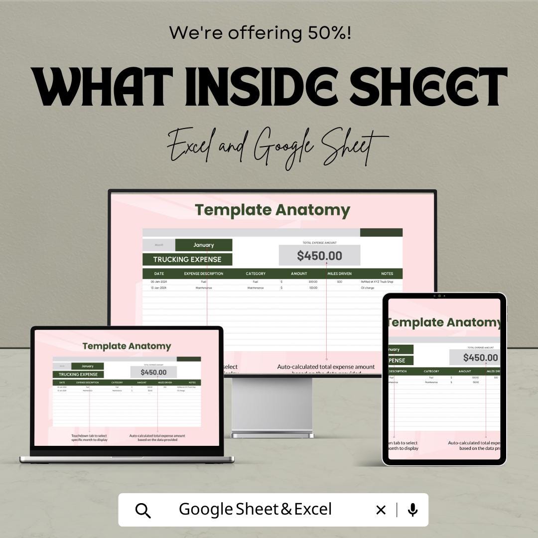 Trucking Expense Template | Truck Driver Expense Tracker | Excel & Google Sheets | Owner Operator Accounting | Fleet Expense Log