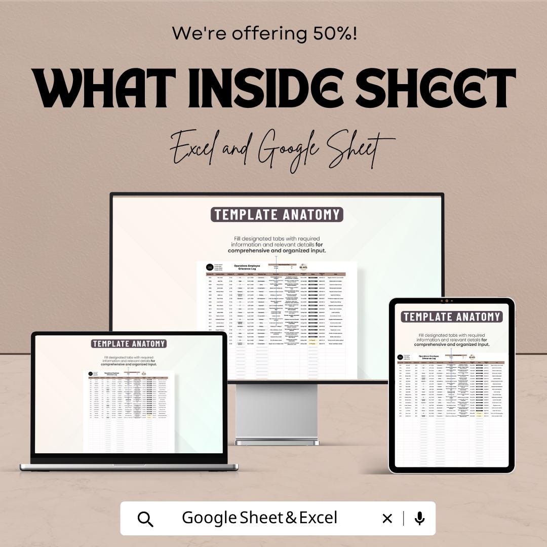 Operations Employee Grievance Log Template | HR Complaint Tracker Spreadsheet | Employee Issue Management Log | Excel & Google Sheets |