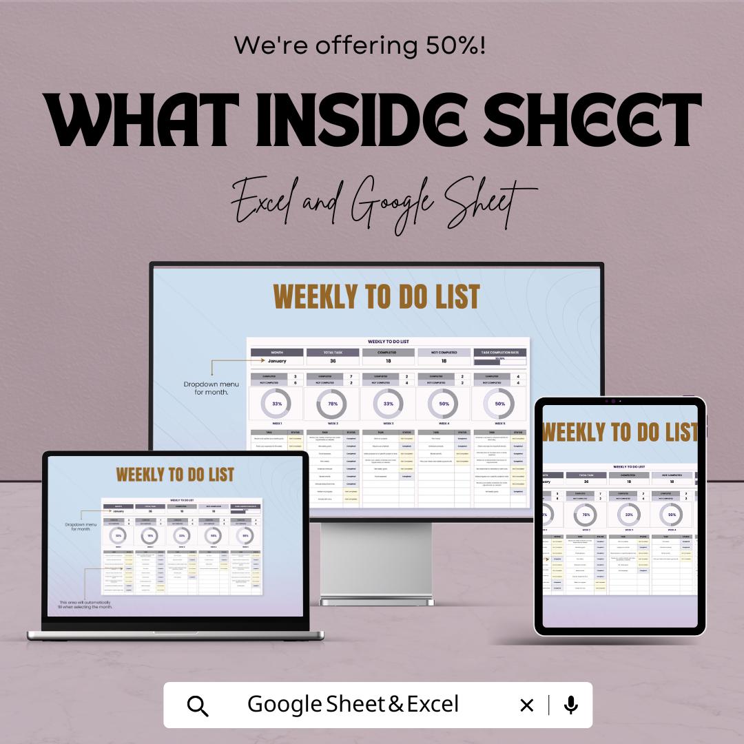Weekly To Do List Sheet - Google Sheets Template for Task Organization, Prioritize Weekly Tasks, Productivity Tracker, Task Completion Rate