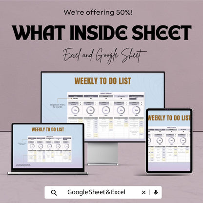Weekly To Do List Sheet - Google Sheets Template for Task Organization, Prioritize Weekly Tasks, Productivity Tracker, Task Completion Rate