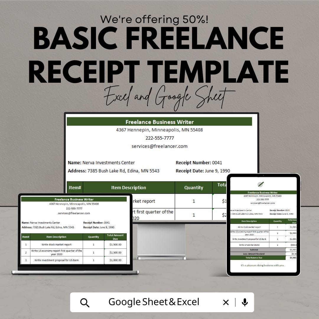 Basic Freelance Receipt Template | Excel & Google Sheets | Editable Invoice | Service Payment Tracker | Business Receipt Template