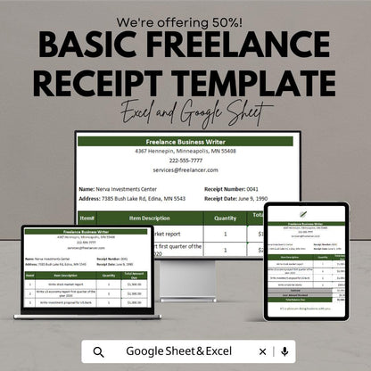 Basic Freelance Receipt Template | Excel & Google Sheets | Editable Invoice | Service Payment Tracker | Business Receipt Template