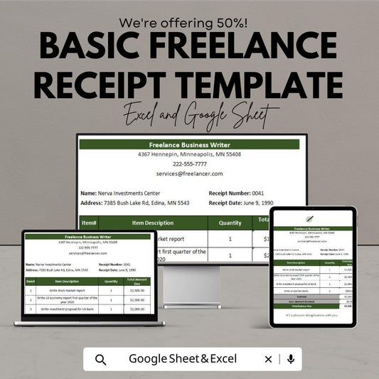 Basic Freelance Receipt Template | Excel & Google Sheets | Editable Invoice | Service Payment Tracker | Business Receipt Template