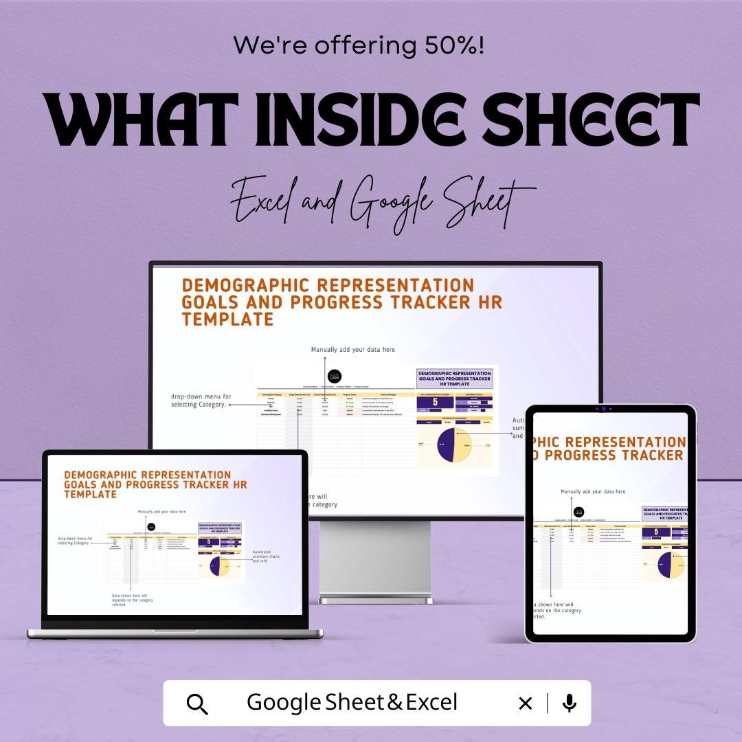 Demographic Representation Goals and Progress Tracker HR Template | Diversity & Inclusion sheet | HR Analytics Dashboard | Workforce Metrics