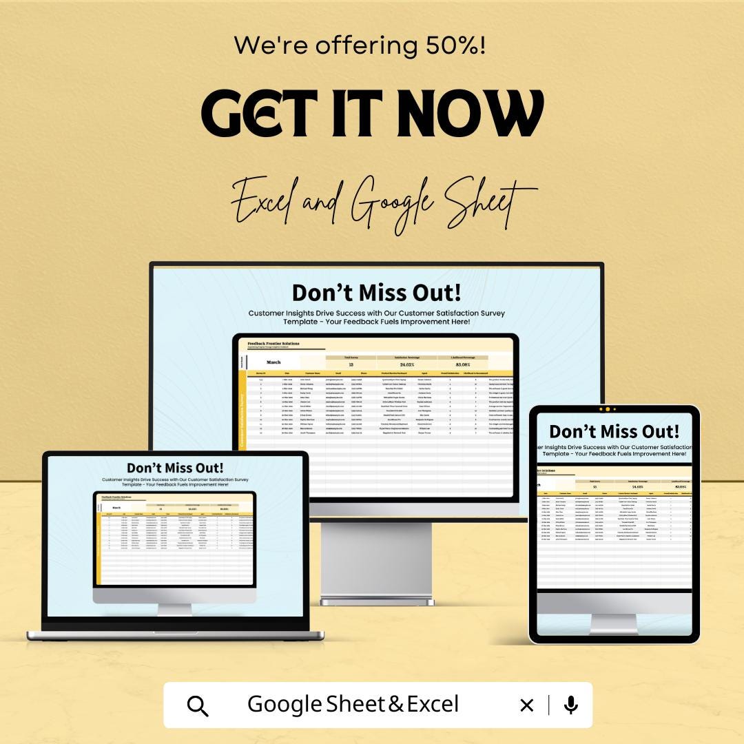 Customer Satisfaction Survey Template | Excel & Google Sheets Survey Tracker | Customer Feedback Analysis | Business Survey Spreadsheet